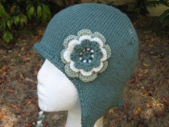 Aviator Hat Ear Flap Hat with crocheted flower - Spruce Green- made to order